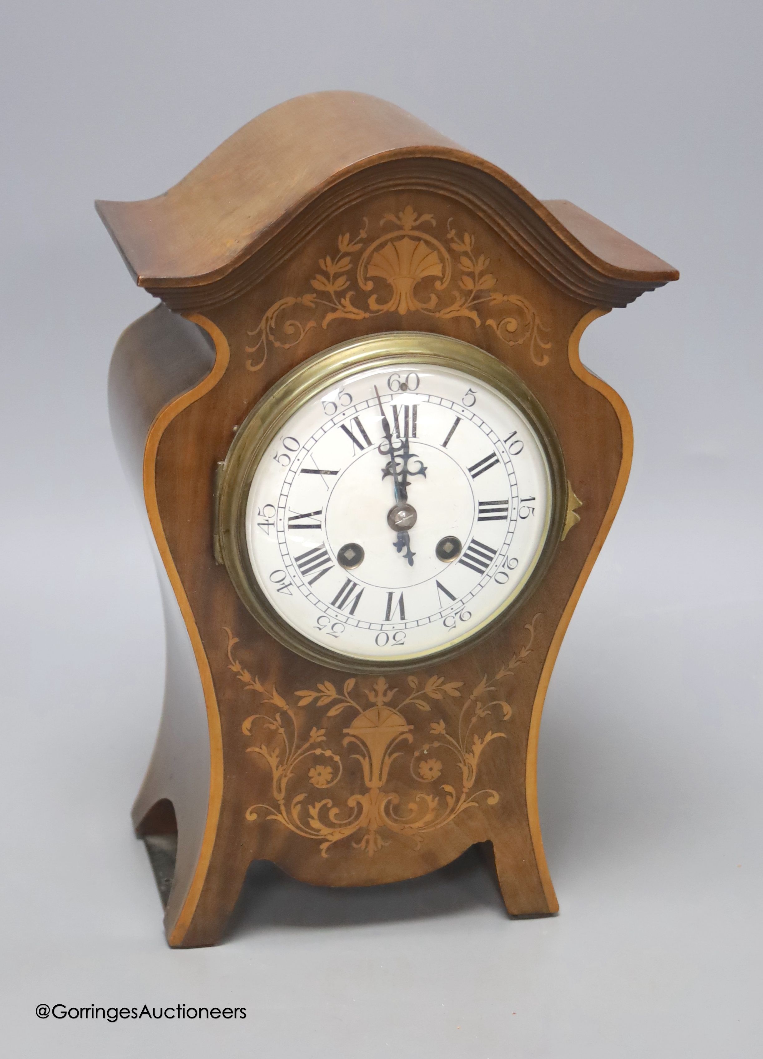 An Edwardian marquetry inlaid mantel clock, height 32cm